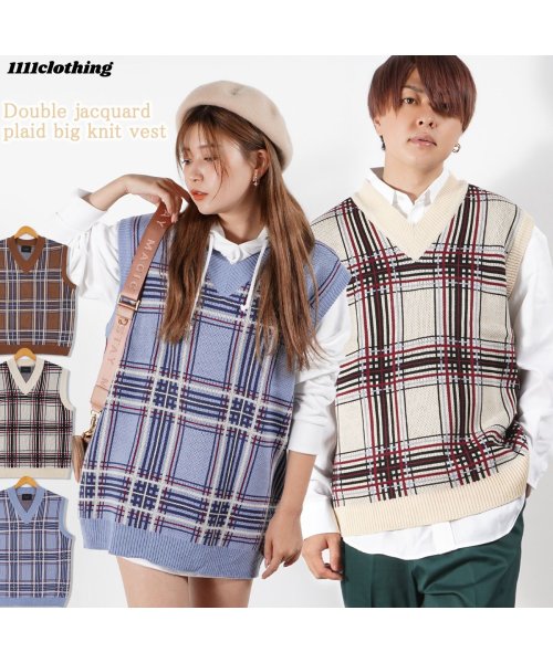 1111clothing(ワンフォークロージング)/ニットベスト メンズ ジレ ベスト レディース チェック ◆Wジャガード チェック柄 ビッグニットベスト◆ ビックシルエット ベスト オーバーサイズ ニット 大/img01