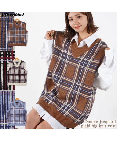 セール ワンフォークロージング 1111clothing ニットベスト メンズ ジレ ベスト レディース チェック Wジャガード チェック柄 ビッグニットベスト ビックシルエット ベスト オーバーサイズ ニット 大 Magaseek