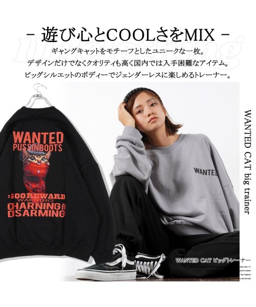 1111clothing(ワンフォークロージング)/ビッグシルエット トレーナー メンズ スウェット レディース ◆WANTED CAT ビッグトレーナー◆ オーバーサイズ スエット トップス 長袖 綿100% /img06