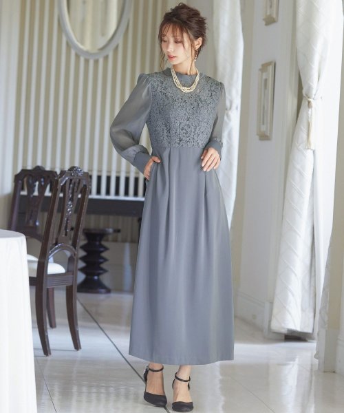 結婚式 ワンピース パーティードレス レース ハイネック シンプル コクーン レトロ クラシカル キャミ ビスチェ レイヤード ロング 透け感 長袖 袖あり オ 商品説明niana ニアナ クラシカルな雰囲気になるハイネックデザイン。身頃部分だけレースを使用し、上品な印象 MYK1486710231 (11440円)