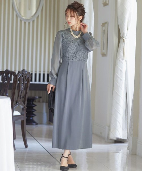 結婚式 ワンピース パーティードレス レース ハイネック シンプル コクーン レトロ クラシカル キャミ ビスチェ レイヤード ロング 透け感 長袖 袖あり オ 商品説明niana ニアナ クラシカルな雰囲気になるハイネックデザイン。身頃部分だけレースを使用し、上品な印象 MYK1486710231 (11440円)