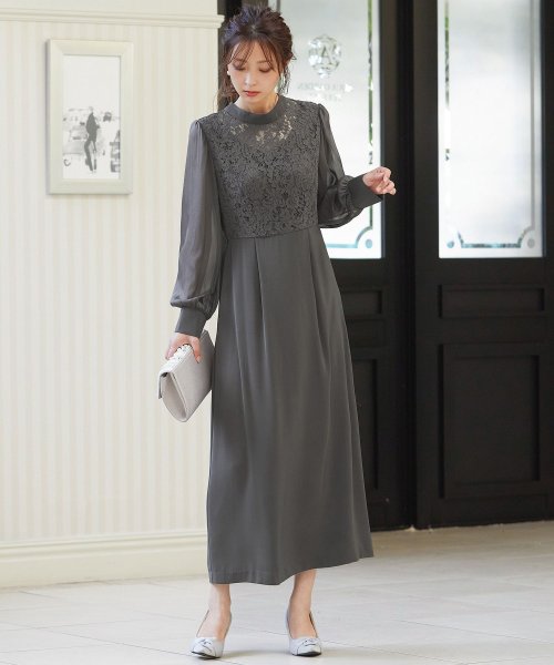 結婚式 ワンピース パーティードレス レース ハイネック シンプル コクーン レトロ クラシカル キャミ ビスチェ レイヤード ロング 透け感 長袖 袖あり オ 商品説明niana ニアナ クラシカルな雰囲気になるハイネックデザイン。身頃部分だけレースを使用し、上品な印象 MYK1486710231 (11440円)