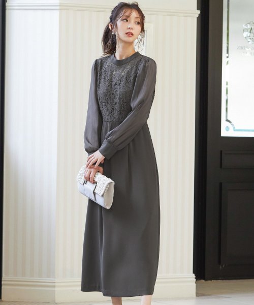 結婚式 ワンピース パーティードレス レース ハイネック シンプル コクーン レトロ クラシカル キャミ ビスチェ レイヤード ロング 透け感 長袖 袖あり オ 商品説明niana ニアナ クラシカルな雰囲気になるハイネックデザイン。身頃部分だけレースを使用し、上品な印象 MYK1486710231 (11440円)