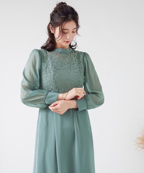 結婚式 ワンピース パーティードレス レース ハイネック シンプル コクーン レトロ クラシカル キャミ ビスチェ レイヤード ロング 透け感 長袖 袖あり オ 商品説明niana ニアナ クラシカルな雰囲気になるハイネックデザイン。身頃部分だけレースを使用し、上品な印象 MYK1486710231 (11440円)