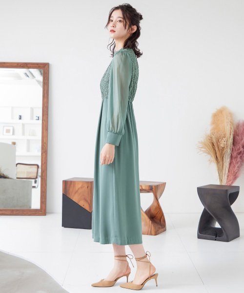 結婚式 ワンピース パーティードレス レース ハイネック シンプル コクーン レトロ クラシカル キャミ ビスチェ レイヤード ロング 透け感 長袖 袖あり オ 商品説明niana ニアナ クラシカルな雰囲気になるハイネックデザイン。身頃部分だけレースを使用し、上品な印象 MYK1486710231 (11440円)