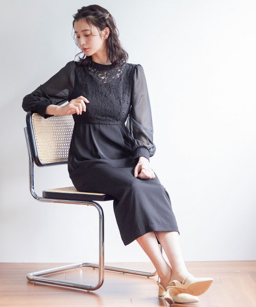 結婚式 ワンピース パーティードレス レース ハイネック シンプル コクーン レトロ クラシカル キャミ ビスチェ レイヤード ロング 透け感 長袖 袖あり オ 商品説明niana ニアナ クラシカルな雰囲気になるハイネックデザイン。身頃部分だけレースを使用し、上品な印象 MYK1486710231 (11440円)