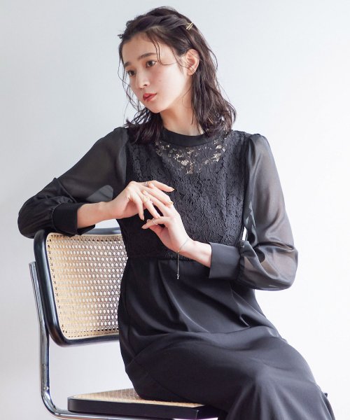 結婚式 ワンピース パーティードレス レース ハイネック シンプル コクーン レトロ クラシカル キャミ ビスチェ レイヤード ロング 透け感 長袖 袖あり オ 商品説明niana ニアナ クラシカルな雰囲気になるハイネックデザイン。身頃部分だけレースを使用し、上品な印象 MYK1486710231 (11440円)