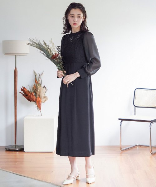 結婚式 ワンピース パーティードレス レース ハイネック シンプル コクーン レトロ クラシカル キャミ ビスチェ レイヤード ロング 透け感 長袖 袖あり オ 商品説明niana ニアナ クラシカルな雰囲気になるハイネックデザイン。身頃部分だけレースを使用し、上品な印象 MYK1486710231 (11440円)