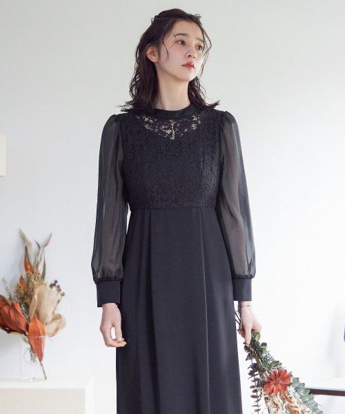 結婚式 ワンピース パーティードレス レース ハイネック シンプル コクーン レトロ クラシカル キャミ ビスチェ レイヤード ロング 透け感 長袖 袖あり オ 商品説明niana ニアナ クラシカルな雰囲気になるハイネックデザイン。身頃部分だけレースを使用し、上品な印象 MYK1486710231 (11440円)