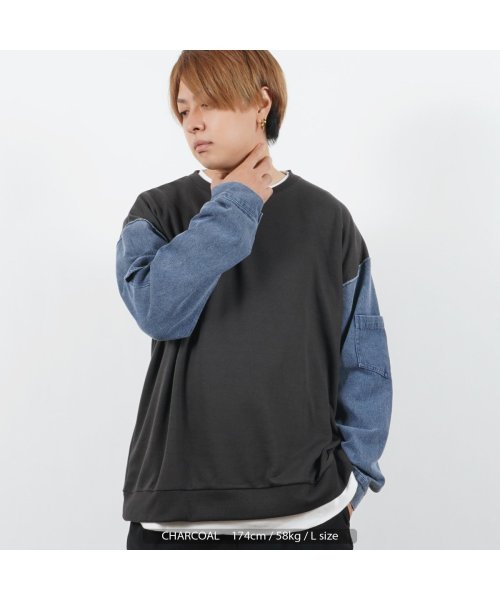 1111clothing(ワンフォークロージング)/トレーナー メンズ スウェット レディース ビッグシルエット ◆袖デニム ルーズスウェットシャツ◆ ビッグトレーナー トップス オーバーサイズ 長袖 大きいサイ/img14