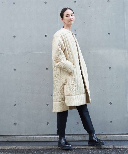 キルティングノーカラーコート 