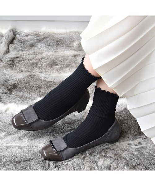 【3E】ローヒールスクエアパンプス 3E 本革