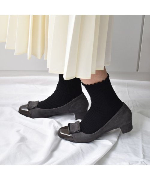 【3E】ローヒールスクエアパンプス 3E 本革