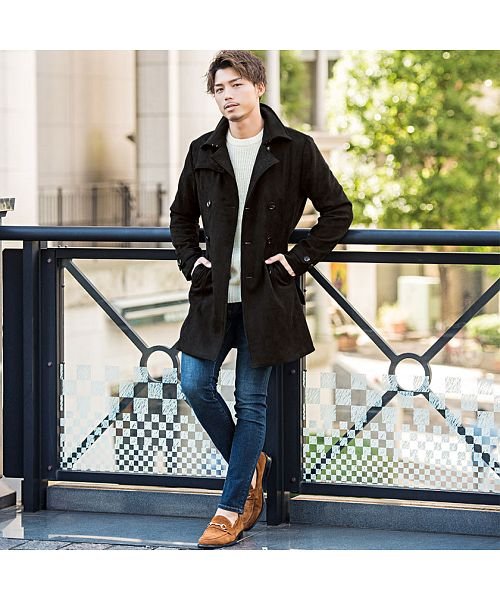 CavariA フェイクスウェードトレンチコート メンズ ロング 細身 フェイクスウェード スエード きれいめ カジュアル 秋 冬 【A】 フェイクスウェードトレンチコート メンズ ロング 細身 フェイクスウェード スエード きれいめ カジュアル