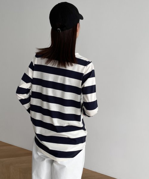 CANAL JEAN(キャナルジーン)/harmonie－OrganicCotton－(アルモニ オーガニックコットン)ワイドボーダー裾ラウンドロングTシャツ/img02