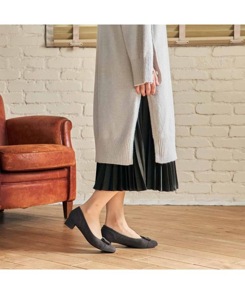 【3E】ローヒールスクエアパンプス 3E 本革