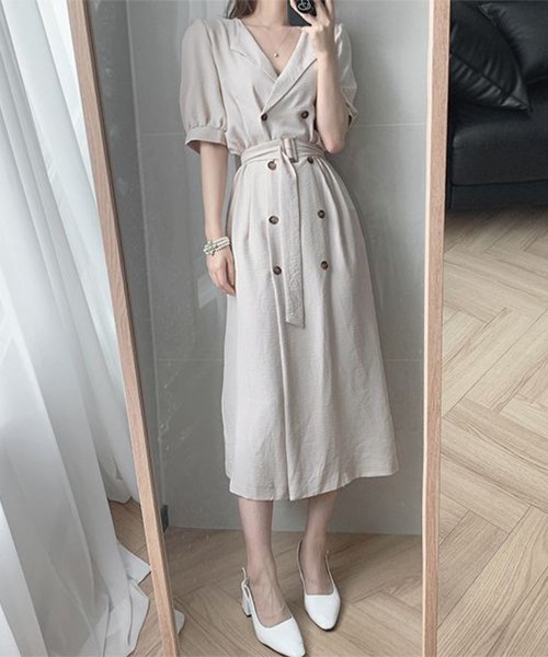 セール トレンチコート風パフスリーブワンピース 韓国ファッション ジュノア Junoah Magaseek