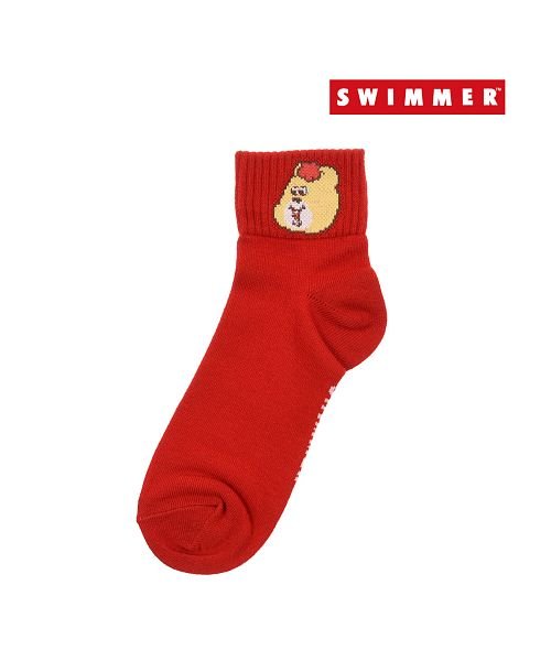 SWIMMER(スイマー)/福助 公式 靴下 レディース SWIMMER クマさんワンポイント ショート丈 370－21M5<br>23－25cm レッド ホワイト スイマー 女性 婦人 /img01