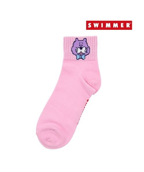 SWIMMER(スイマー)/福助 公式 靴下 レディース SWIMMER ネコさんワンポイント ショート丈 370－21M6<br>23－25cm ピンク ホワイト スイマー 女性 婦人 /img01