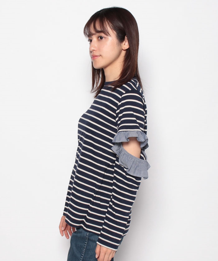 セール】（CLU）17CLT338 OPEN SLEEVE STRIPED TOP WITH RUFFLED