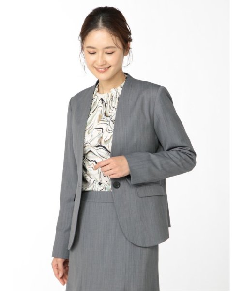 ストレッチウォッシャブル ウール混セットアップ カラーレスジャケット ダルブルー レディース セットアップ スーツ ジャケット ビジネス カジュアル 仕事 ビジネス・フォーマル スーツセットアップ L1398306934(10725円)