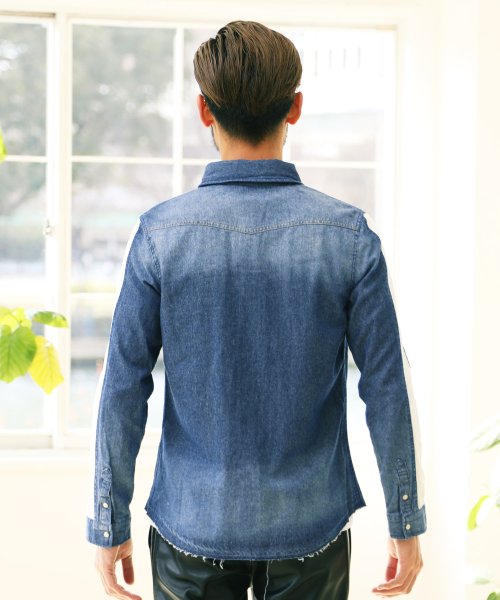 セール 袖ラインダメージデニムシャツ 長袖シャツ メンズ カジュアルシャツ ダンガリーシャツ デニムシャツ 長袖 シャツ トップス デニム ジギーズショップ Jiggys Shop Magaseek
