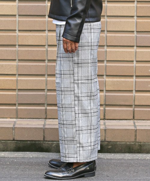 セール ワイドパンツ メンズ Tr スーツ地 スラックス グレンチェックワイドパンツ ボトムス タックパンツ ガウチョパンツ ワイド シルエット ガウチョ グレンチェッ ラグスタイル Luxstyle Magaseek