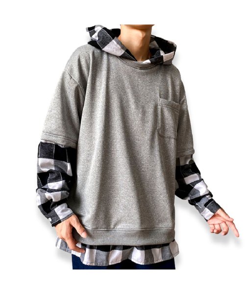 セール パーカー メンズ 40代 30代 代 男女兼用 ペアルック 長袖 フェイクレイヤード チェックプルオーバー かわいい アメカジ フード Men Pk0010 マウマウ ファッション Mowmow Fashion Magaseek