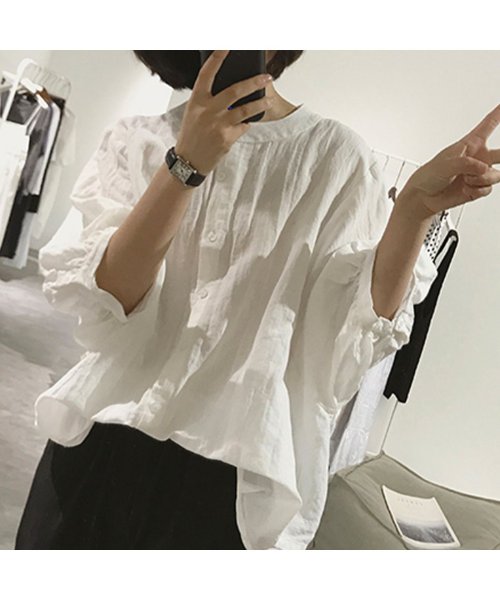 JUNOAH(ジュノア)/ノーカラーボリュームスリーブコットンシャツ 韓国ファッション/img04