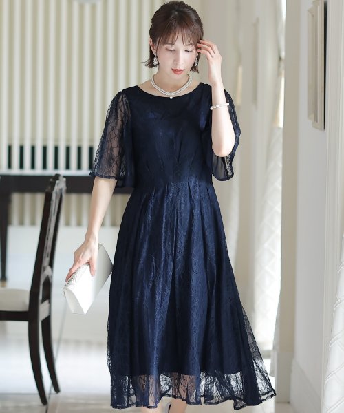 シフォン切替スリーブAラインワンピース 結婚式 パーティードレス 結婚式 二次会 食事会 セレモニー 発表会