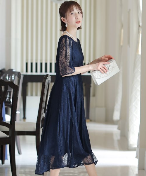 シフォン切替スリーブAラインワンピース 結婚式 パーティードレス 結婚式 二次会 食事会 セレモニー 発表会