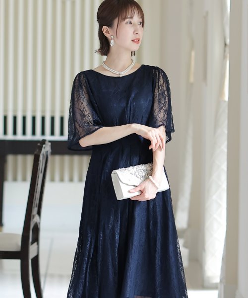 シフォン切替スリーブAラインワンピース 結婚式 パーティードレス 結婚式 二次会 食事会 セレモニー 発表会