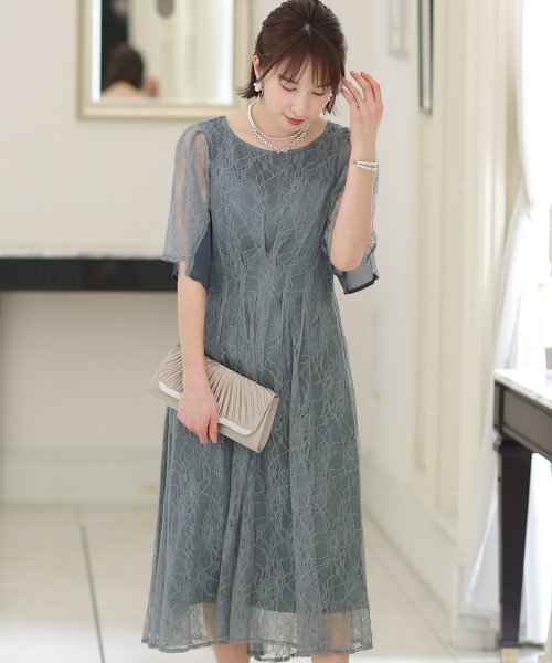 シフォン切替スリーブAラインワンピース 結婚式 パーティードレス 結婚式 二次会 食事会 セレモニー 発表会