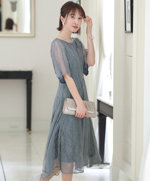 シフォン切替スリーブAラインワンピース 結婚式 パーティードレス 結婚式 二次会 食事会 セレモニー 発表会