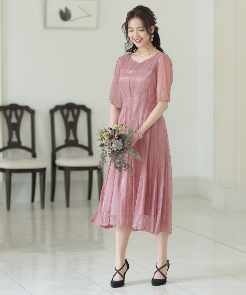 シフォン切替スリーブAラインワンピース 結婚式 パーティードレス 結婚式 二次会 食事会 セレモニー 発表会