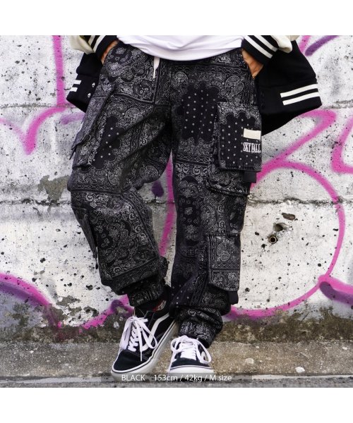 カーゴパンツ メンズ デニムパンツ レディース ワイドパンツ ◆ペイズリー柄 ルーズシルエット カーゴパンツ◆ 総柄 パンツ ワイドデニム ワイドカーゴパンツ SAX BLACK なし Sサイズ cm パンツ 裾口幅11 Mサイズ Lサイズ