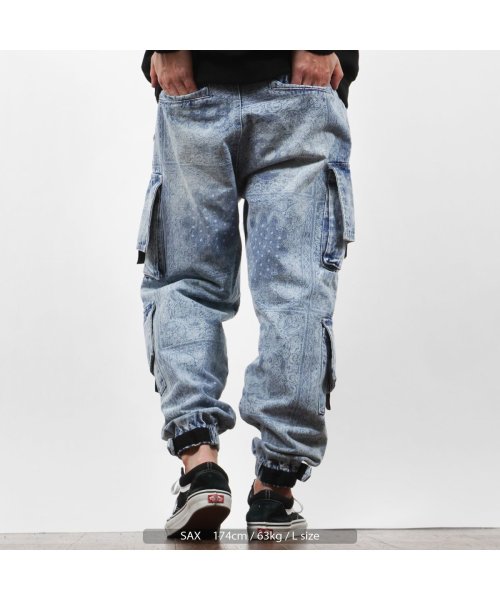 カーゴパンツ メンズ デニムパンツ レディース ワイドパンツ ◆ペイズリー柄 ルーズシルエット カーゴパンツ◆ 総柄 パンツ ワイドデニム ワイドカーゴパンツ SAX BLACK なし Sサイズ cm パンツ 裾口幅11 Mサイズ Lサイズ