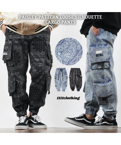 カーゴパンツ メンズ デニムパンツ レディース ワイドパンツ ◆ペイズリー柄 ルーズシルエット カーゴパンツ◆ 総柄 パンツ ワイドデニム ワイドカーゴパンツ SAX BLACK なし Sサイズ cm パンツ 裾口幅11 Mサイズ Lサイズ