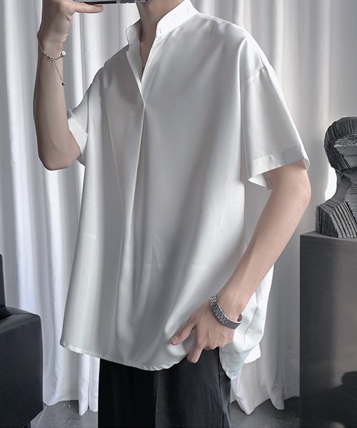 aimoha(aimoha（アイモハ）)/サラサラ立ち襟半袖シャツ オーバーサイズ Ｔシャツ/img02