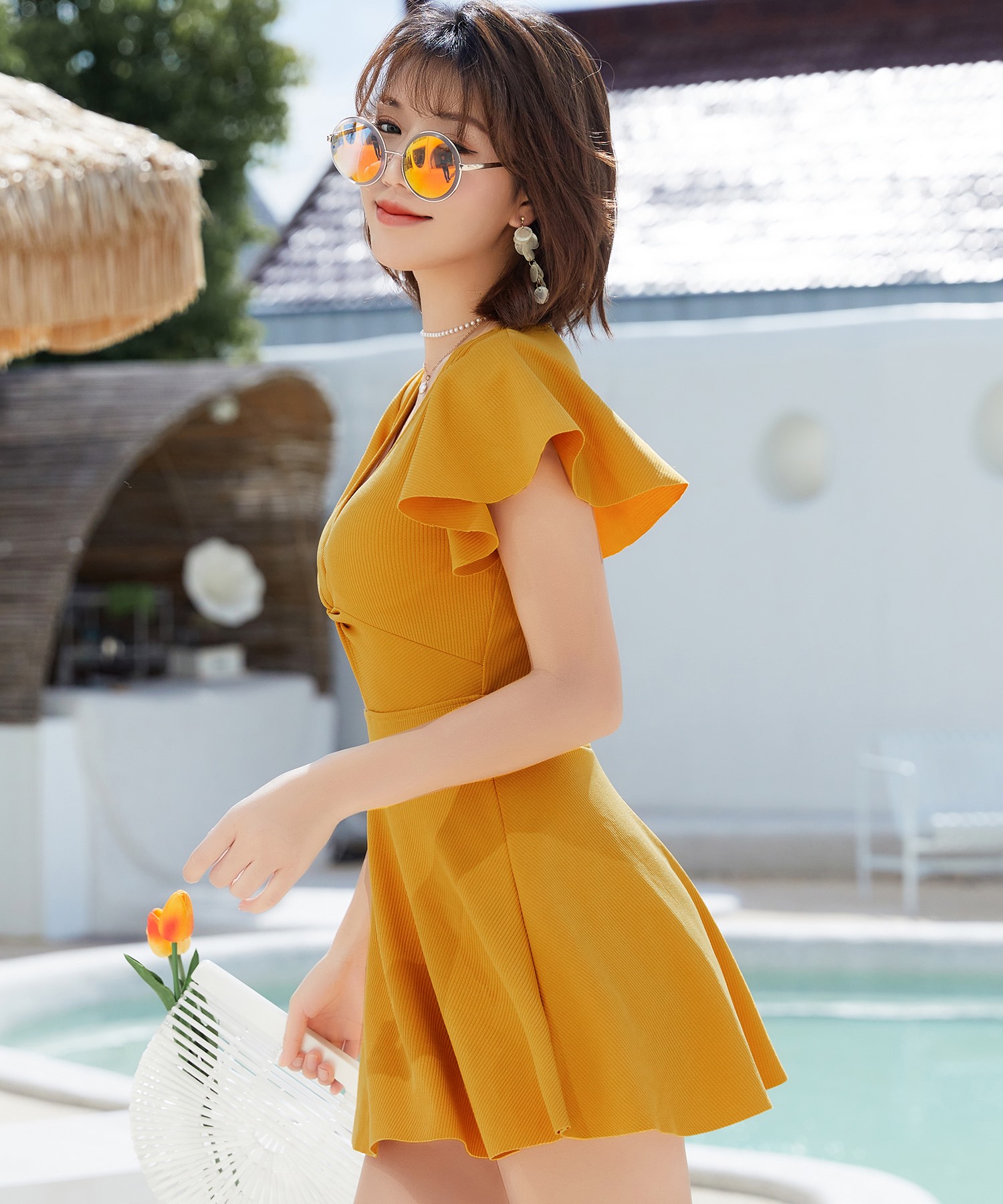 レディース水着 フリルワンピ風ウエストカッティングハイウエスト