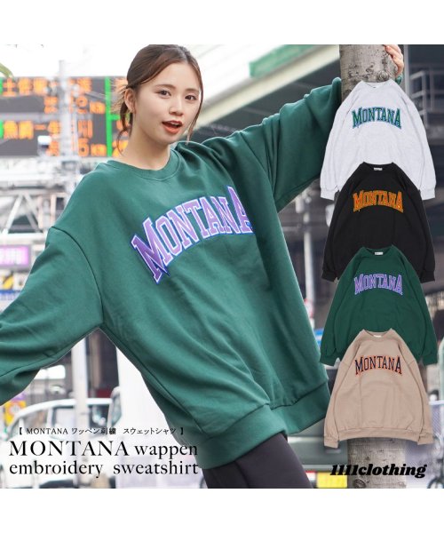 1111clothing(ワンフォークロージング)/オーバーサイズ スウェット メンズ トレーナー レディース ◆MONTANA ワッペン刺繍  スウェットシャツ◆ ビッグシルエット プルオーバー 長袖 トップス/img01