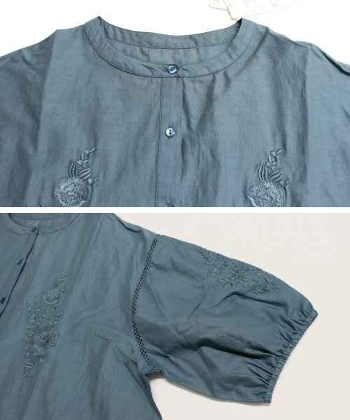 Fizz(フィズ)/綿キャンブリック　フラワー刺繍バンドカラーチュニック丈シャツ　半袖/img17