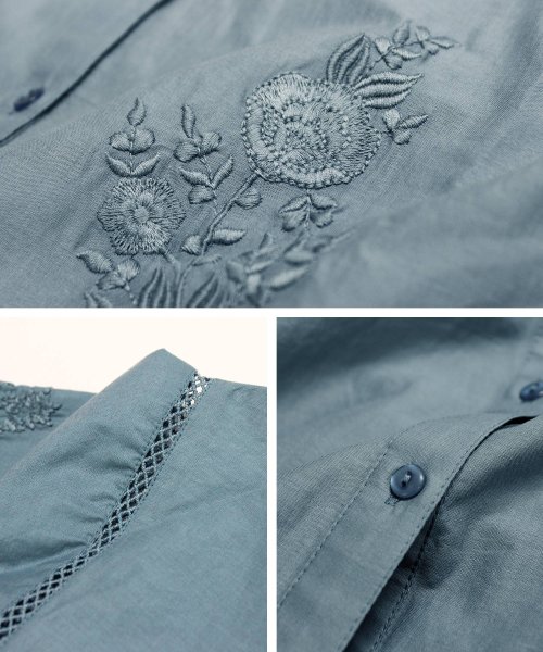 Fizz(フィズ)/綿キャンブリック　フラワー刺繍バンドカラーチュニック丈シャツ　半袖/img18