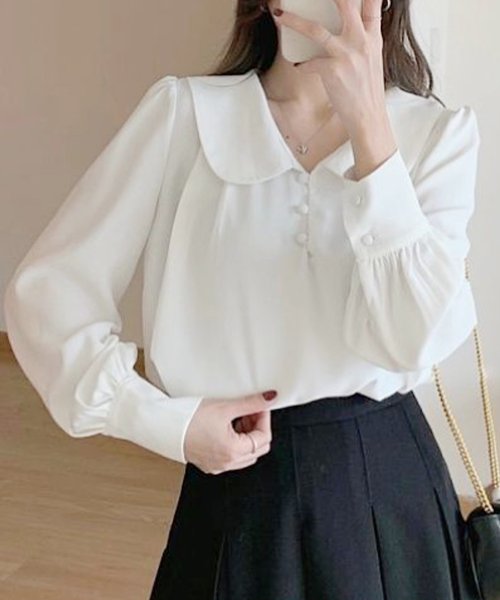  丸襟ブラウス 長袖 ブラウス 丸襟 シャツ レディースファッション レディース トップス 可愛い ボタン Vネック