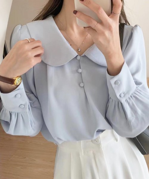  丸襟ブラウス 長袖 ブラウス 丸襟 シャツ レディースファッション レディース トップス 可愛い ボタン Vネック
