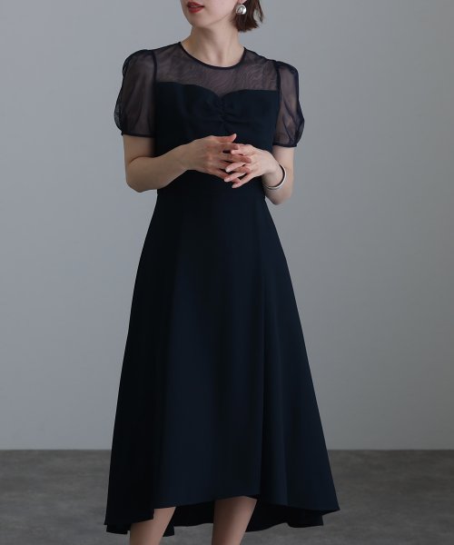 ロング&袖ありフォーマルフロントギャザー大きいサイズ結婚式パーティードレス ワンピース 