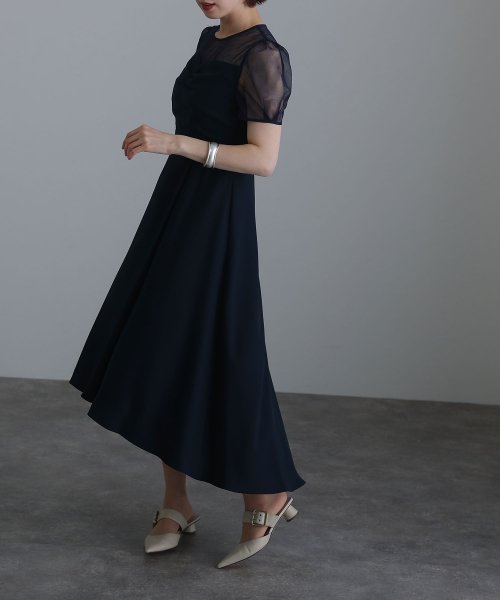 ロング&袖ありフォーマルフロントギャザー大きいサイズ結婚式パーティードレス ワンピース 