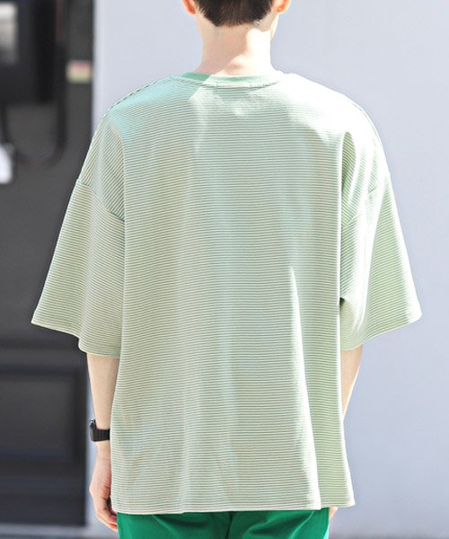 LUXSTYLE(ラグスタイル)/ポンチマイクロボーダーリンガーネック半袖ビッグTシャツ/Tシャツ メンズ 半袖 5分袖 ビッグシルエット ボーダー ポンチ/img01