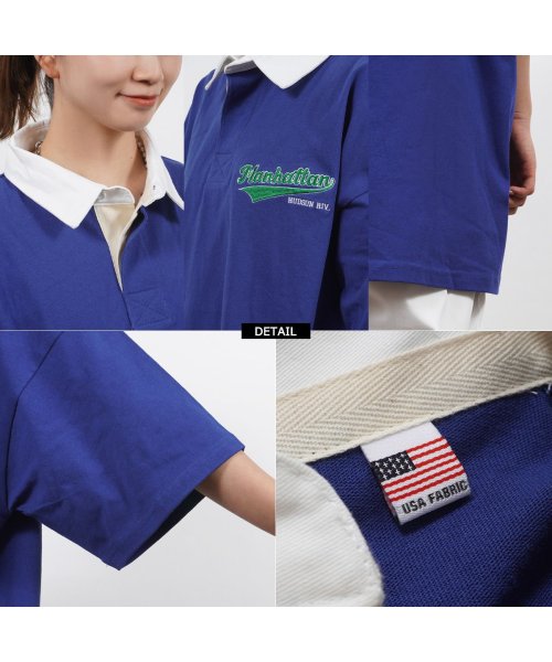 1111clothing(ワンフォークロージング)/ラガーシャツ 半袖 メンズ ポロシャツ レディース 綿100% オーバーサイズ トップス 5分袖 ビッグシルエット カットソー 襟付き ロゴ 刺繍 緑 青 スミ/img04