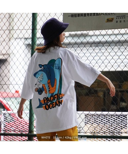 1111clothing(ワンフォークロージング)/サメ tシャツ メンズ オーバーサイズ tシャツ レディース ビッグシルエットtシャツ トップス 半袖 カットソー クルーネック バックプリント 綿100% 白/img07